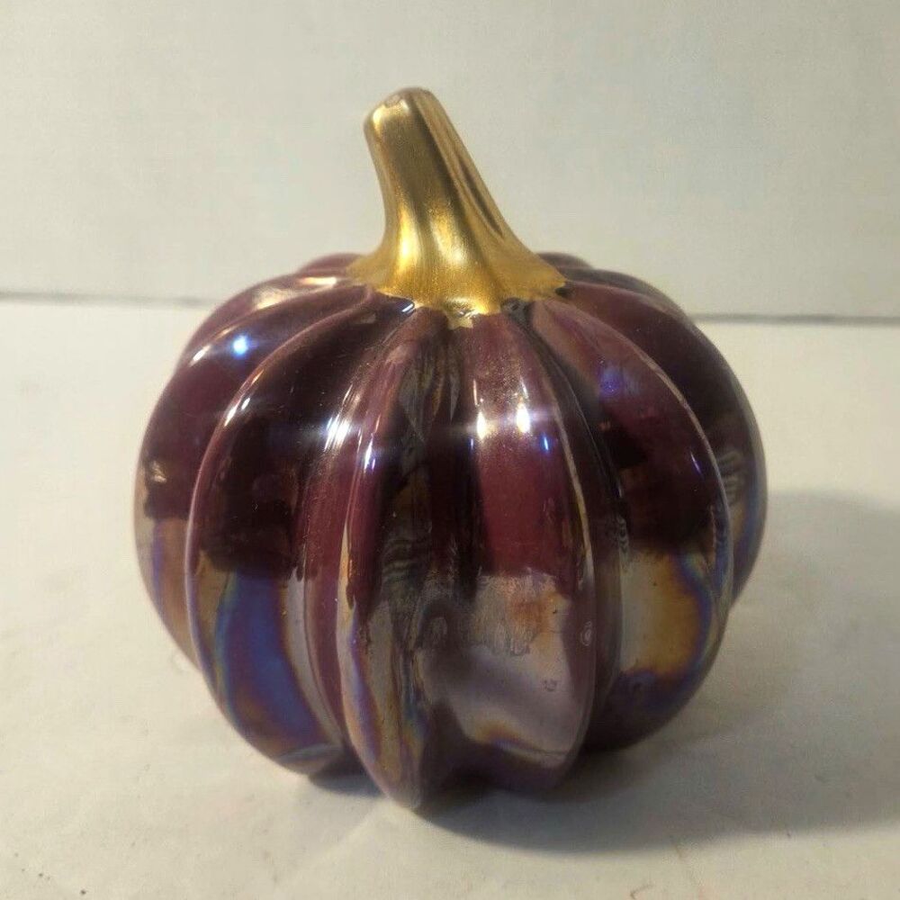 Purple Marbled Glossy Ceramic Pumpkin Figurine w/ Gold Stem 4 in Art Pottery
